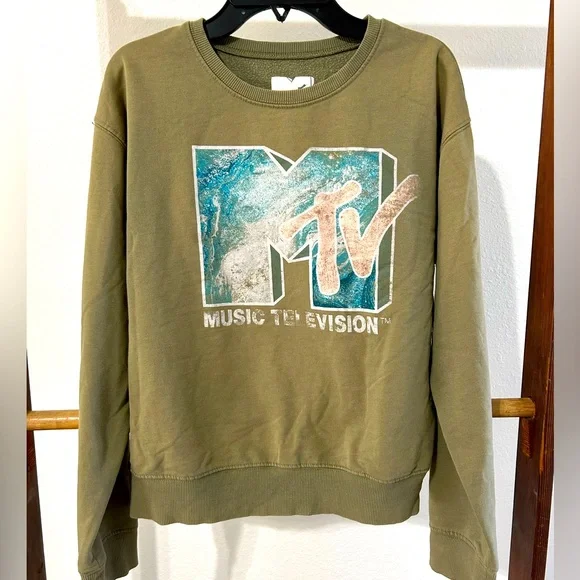 Army Green MTV Coral Blue Water Color Sweatshirt Size Small - Picture 1 of 3